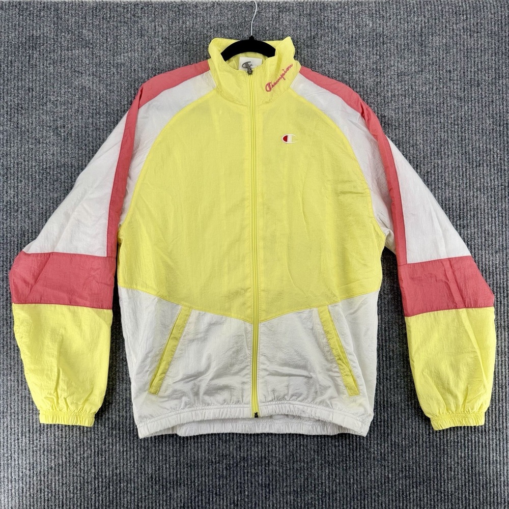 Champion Windbreaker Jacket Colorblock Yellow Pink White Y2K Men's Medium Retro
